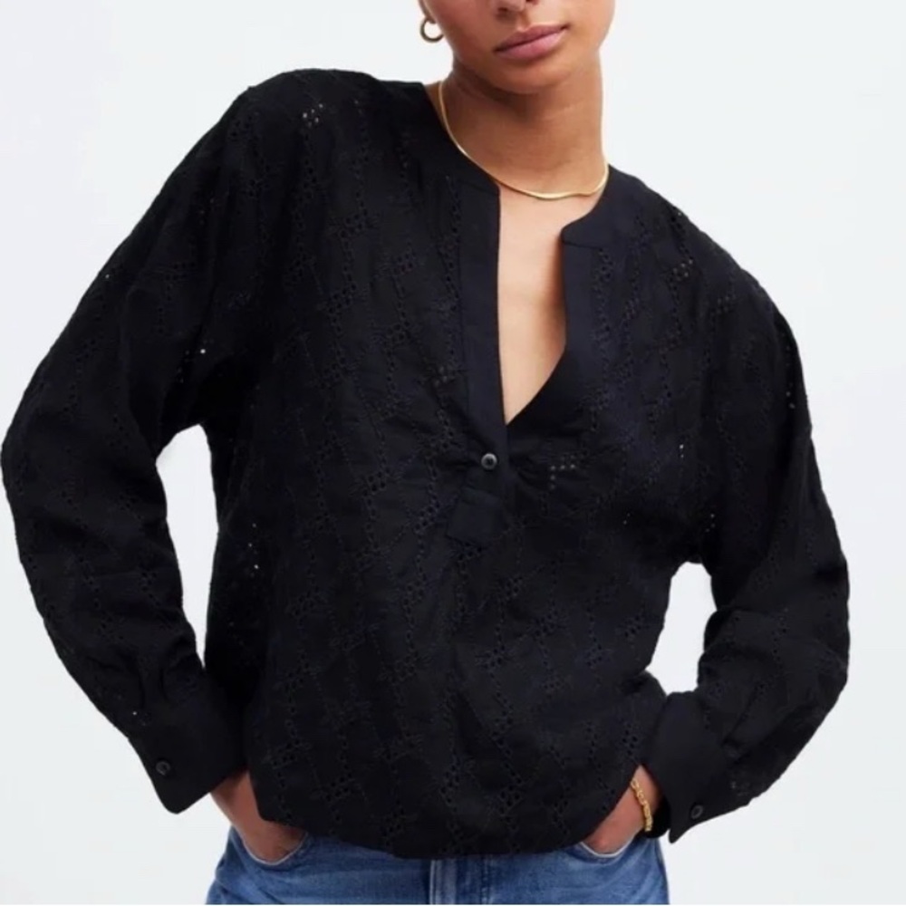 Madewell Black Popover Eyelet Blouse size XL